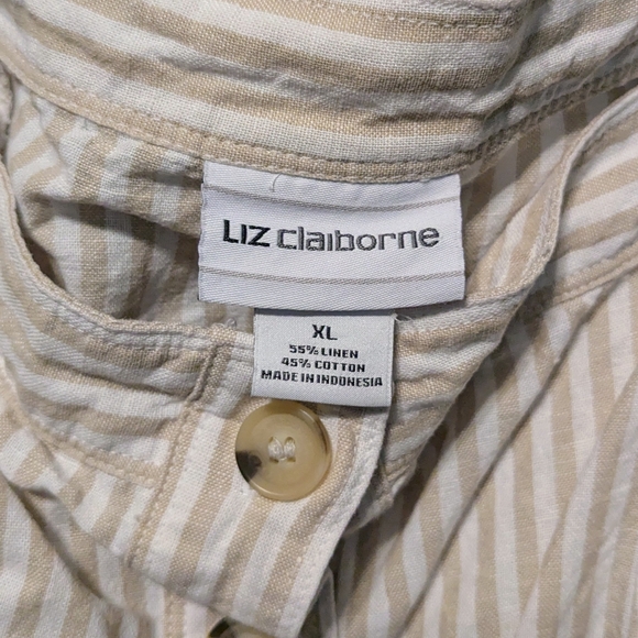 Liz Claiborne Linen Cotton Striped Sundress Bottons Tie Belt XL Midi Cream Tan - Picture 4 of 5